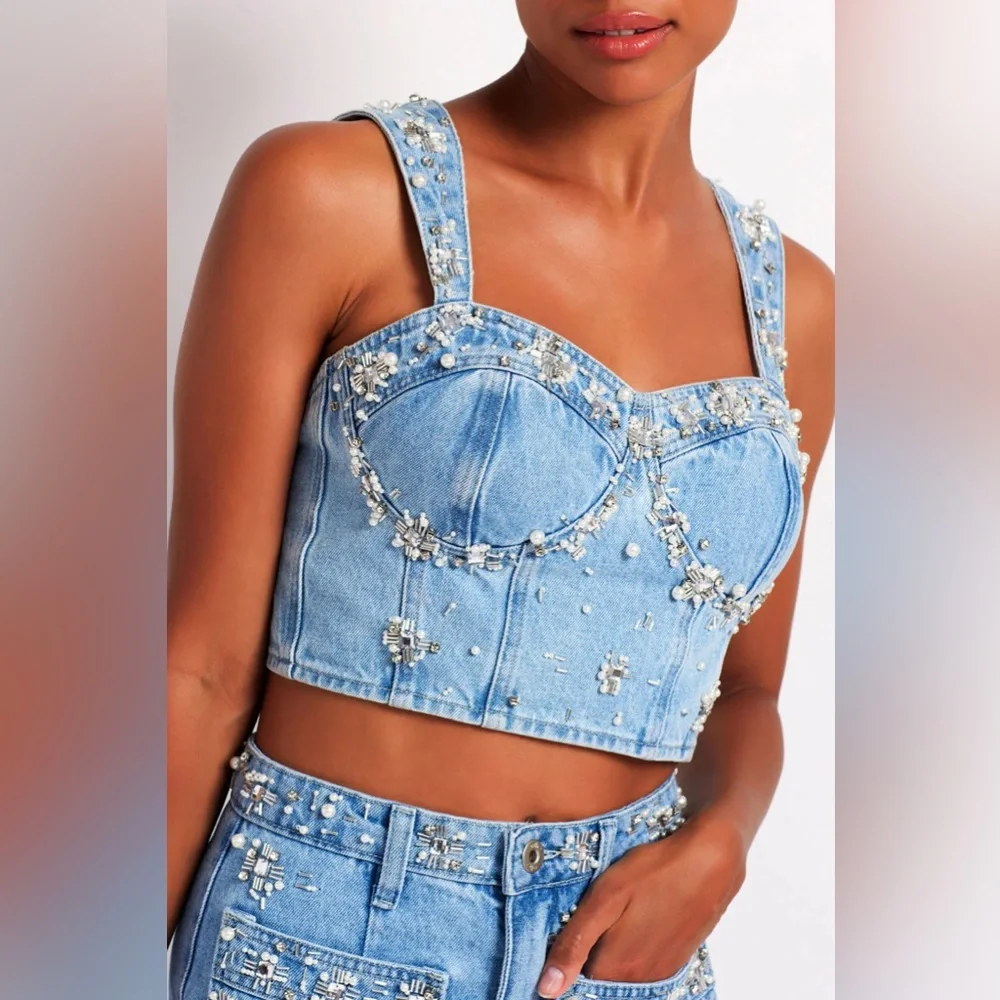 PatBo Hand-beaded Denim Top NWT - Picture 3 of 16